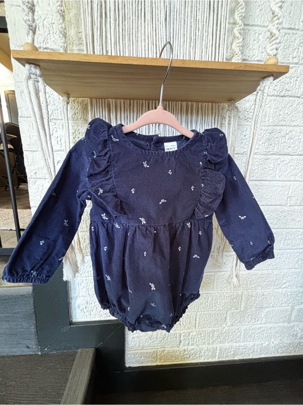 Carter's Navy Floral Ruffle Long-Sleeve Baby One-Piece Romper